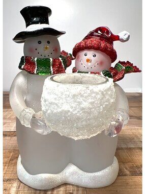 Christmas Snowman Couple Frosted Glass Candle Holder Festive Home Decor